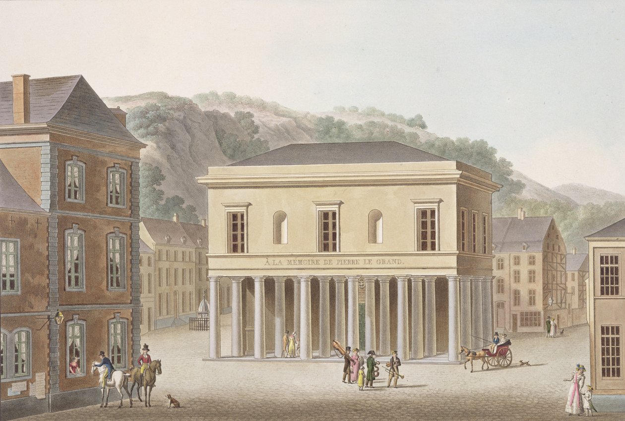 Portico of the Fountain of Pouhon at Spa, fra 'Valg av de mest fremragende monumentene, bygningene og husene i kongeriket Nederland' av Pierre Jacques Goetghebuer, utgitt 1827 (akvatint) av Pierre Jacques Goetghebuer
