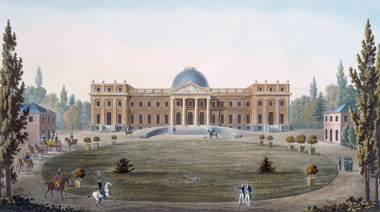 Det kongelige palass i Laeken, fra "Utvalg av de mest bemerkelsesverdige monumentene, bygningene og husene i kongeriket Nederland", utgitt 1827 av Pierre Jacques Goetghebuer