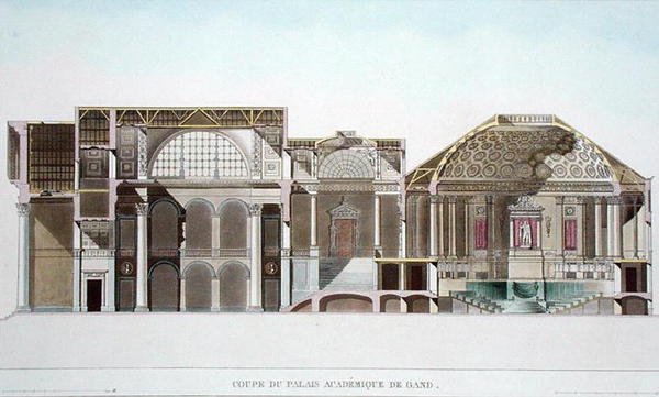 Tverrsnitt av Palais Academique i Gent, fra utvalg av de mest fremragende monumentene, bygningene og husene i kongeriket Nederland av Pierre Jacques Goetghebuer, gravert av L. Roelandt, pub av Pierre Jacques after Goetghebuer