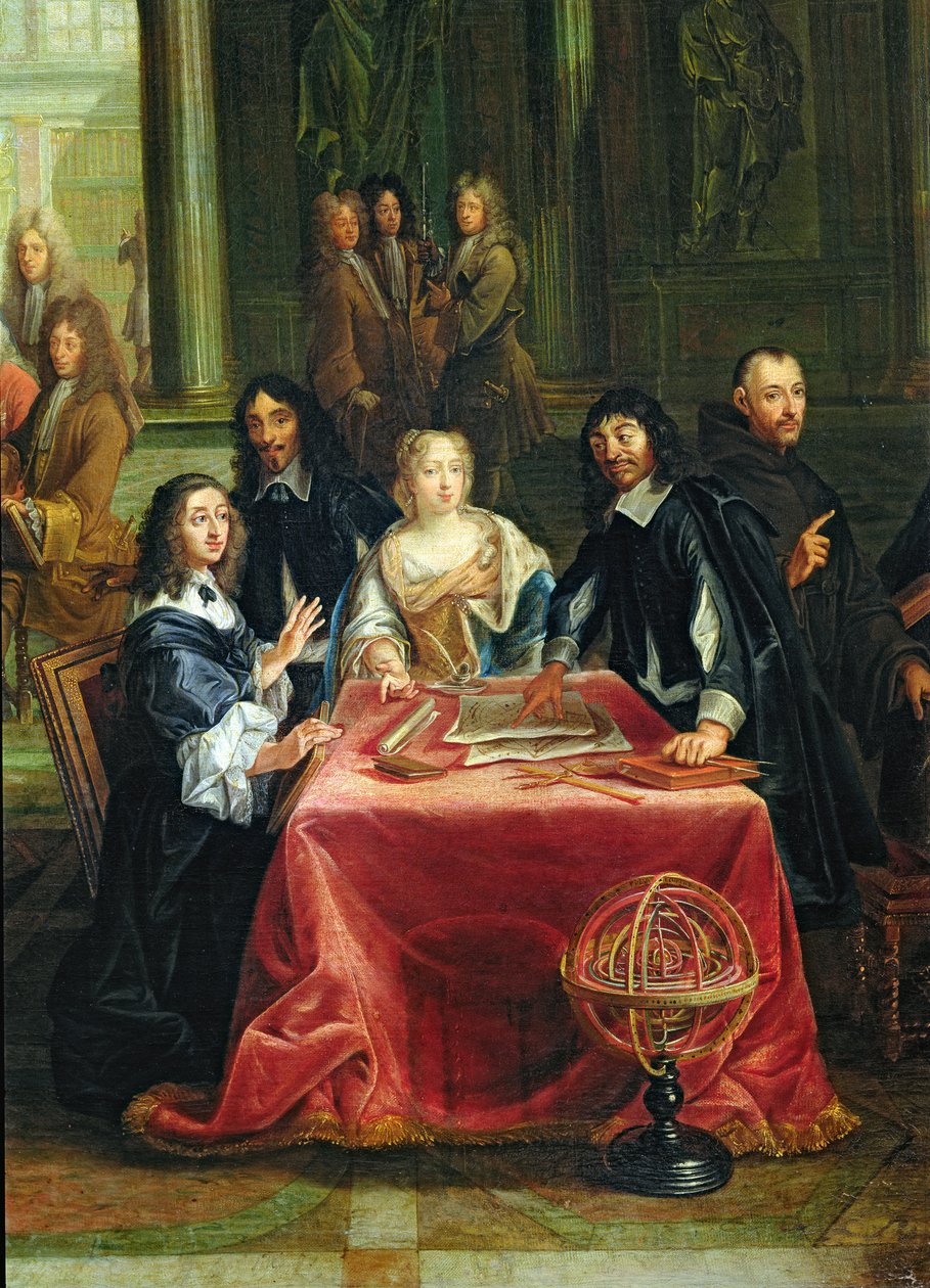 Christina av Sverige (1626-89) og hennes hoff: detalj om dronningen og Rene Descartes (1596-1650) ved bordet (se 28038) av Pierre Louis the Younger Dumesnil