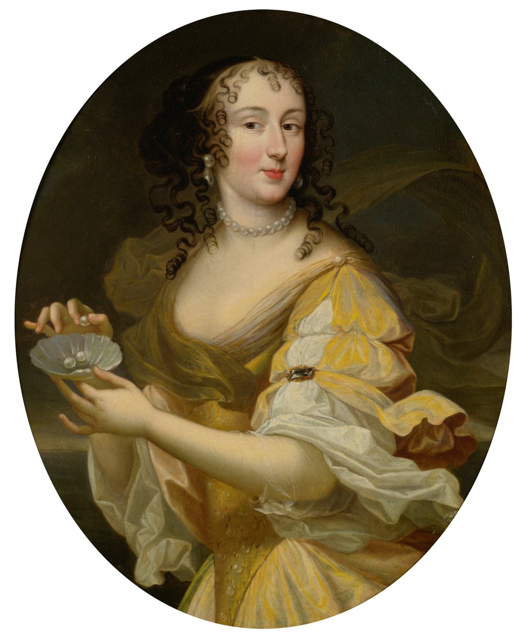 Portrett av en dame i allegorisk form, som holder et fat med perler. av Pierre Mignard