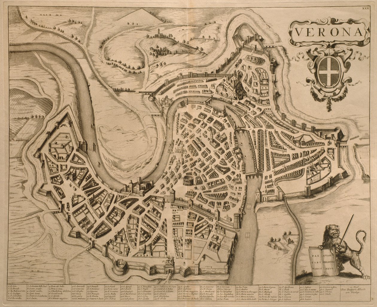 Kart over Verona, fra 'Les Villes de Venetie', 1704, utgitt av Pierre Mortier i Amsterdam av Pierre Mortier