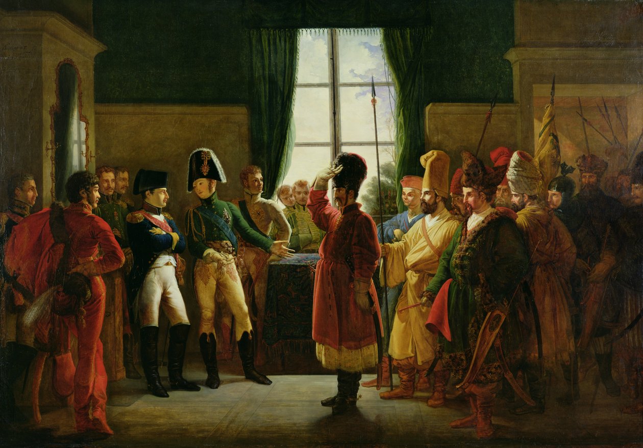 Alexander I (1777-1825) presenterer kalmukene, kosakkene og basjkirene for Napoleon I (1769-1821) på Tilsit i juli 1807, 1807-10 av Pierre Nolasque Bergeret
