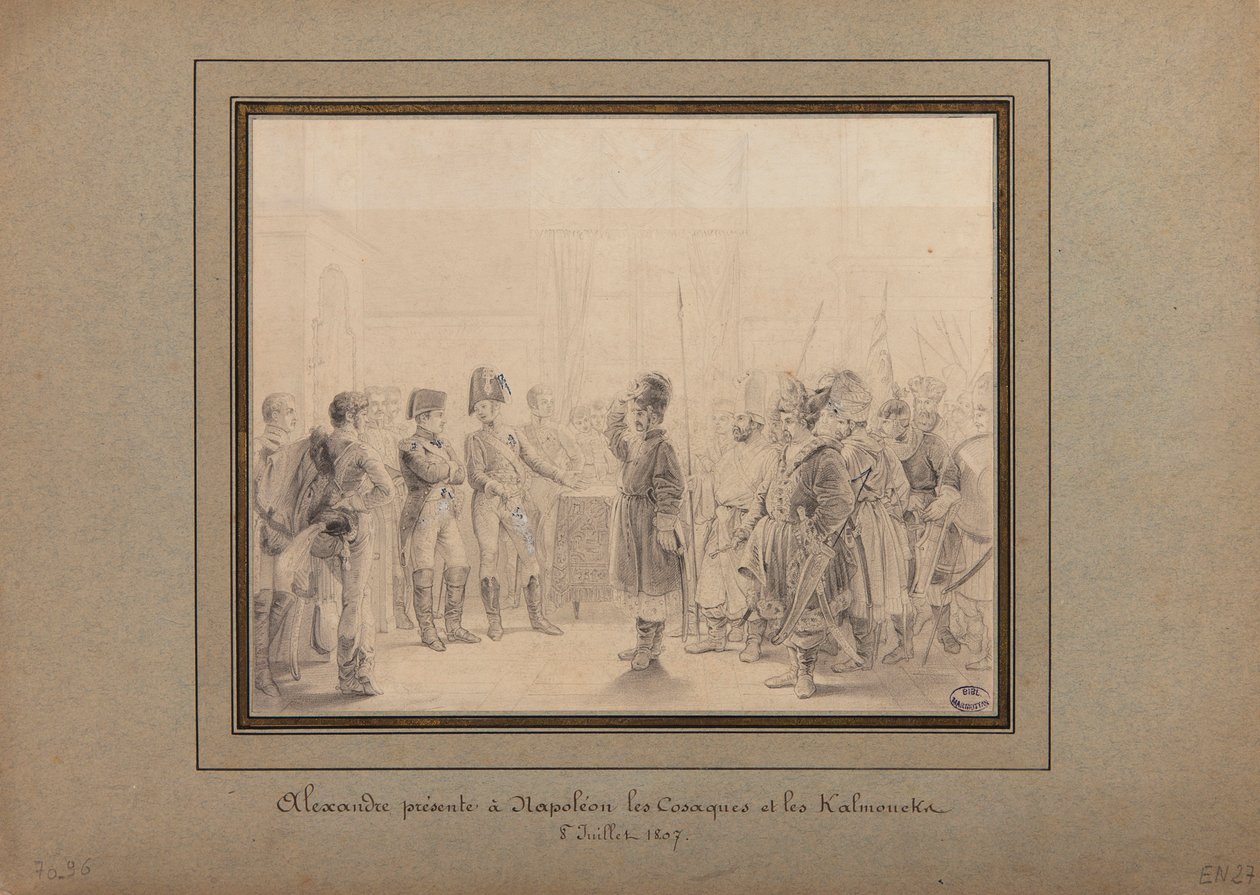 Alexander I presenterer kosakkene og kalmukkene fra den russiske hæren til Napoleon I, i Tilsit, 8. juli 1807 av Pierre Nolasque Bergeret
