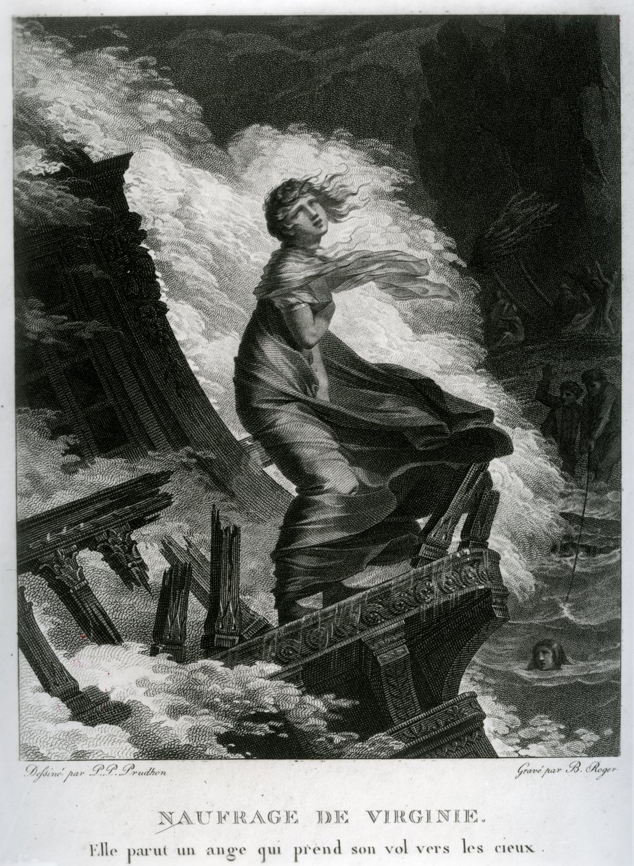 Shipwreck of Virginie, illustrasjon for 'Paul et Virginie' av Bernardin de Saint-Pierre (1737-1814) gravert av Barthelemy Roger (1767-1841) av Pierre Paul Prudhon