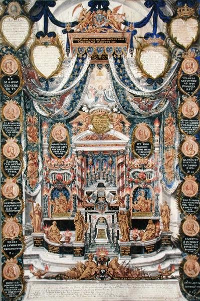 Dekorasjon for begravelsen av hjertet til Louis II de Bourbon (1621-86) Prince of Conde, ved kirken Saint-Louis-en-LIle, 1687 av Pierre Paul Sevin