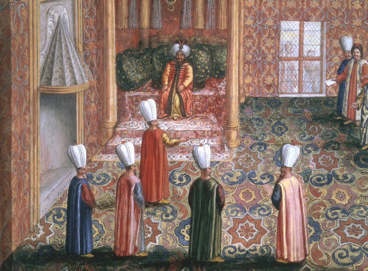 Jan Gninskis diplomatiske oppdrag til Istanbul, publikum til den polske utsendingen med sultanen Machmed, 1679 (gouache med bladgull på papir) av Pierre Paul Sevin