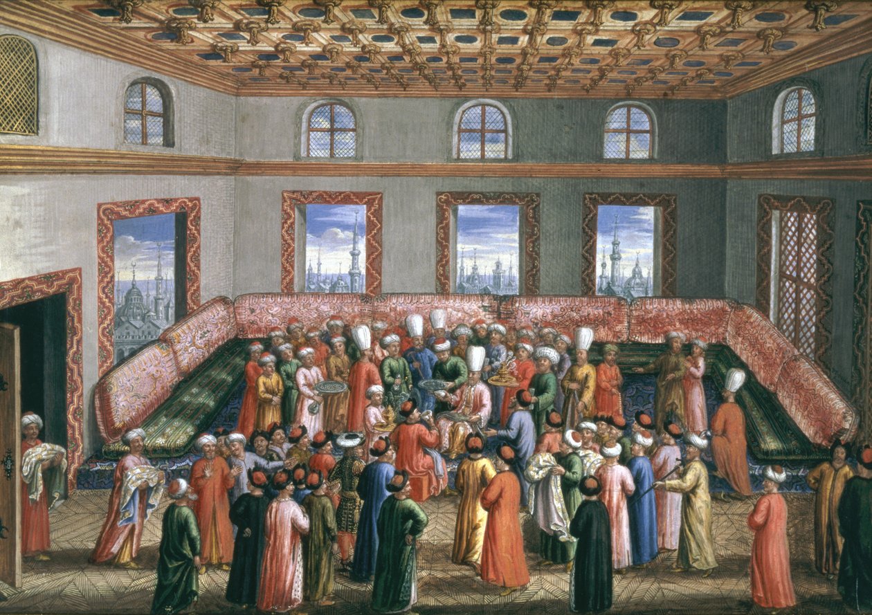 Jan Gninskis diplomatiske oppdrag til Istanbul, avskjedsmottak for den polske utsendingen, 1679 (gouache med bladgull på papir) av Pierre Paul Sevin