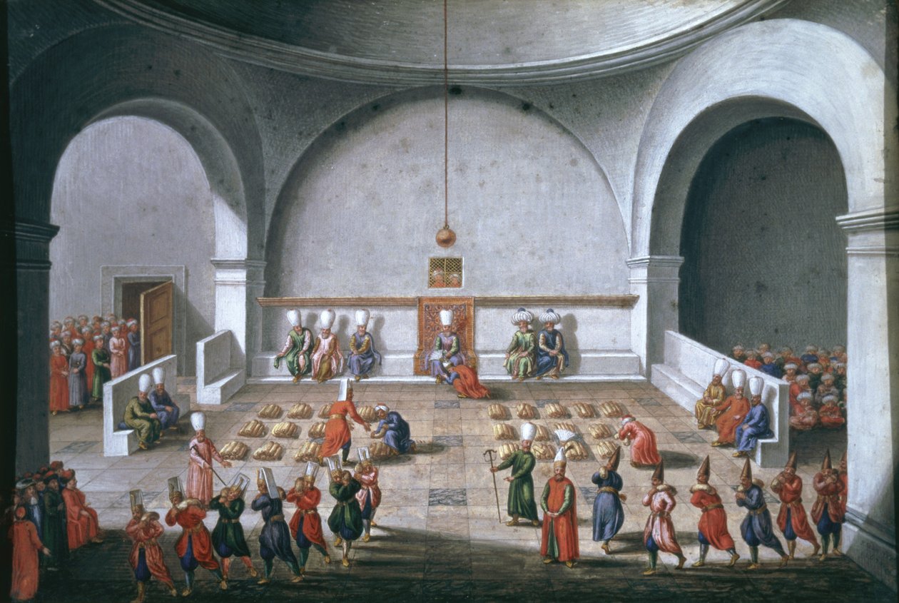 Jan Gninskis oppdrag til Istanbul, betalingsseremoni til soldatene, 1679 (gouache med bladgull på papir) av Pierre Paul Sevin