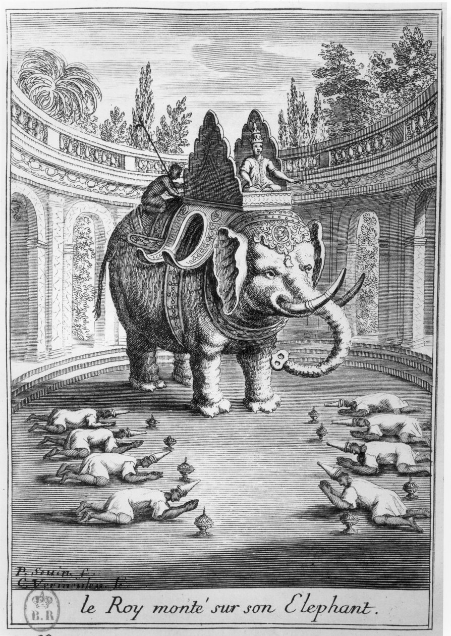 Kongen av Siam satt på sin elefant, gravert av Cornelis Vermeulen (1644-1708) 1686 av Pierre Paul Sevin