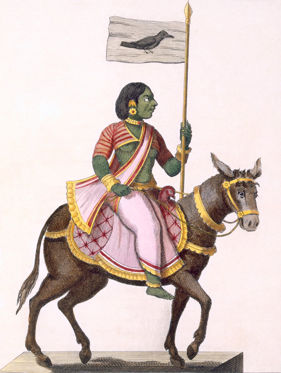 Moudevi, gudinnen for splid og elendighet, fra 'Voyage aux Indes et a la Chine', gravert av Poisson, 1782 (fargegravering) av Pierre Sonnerat