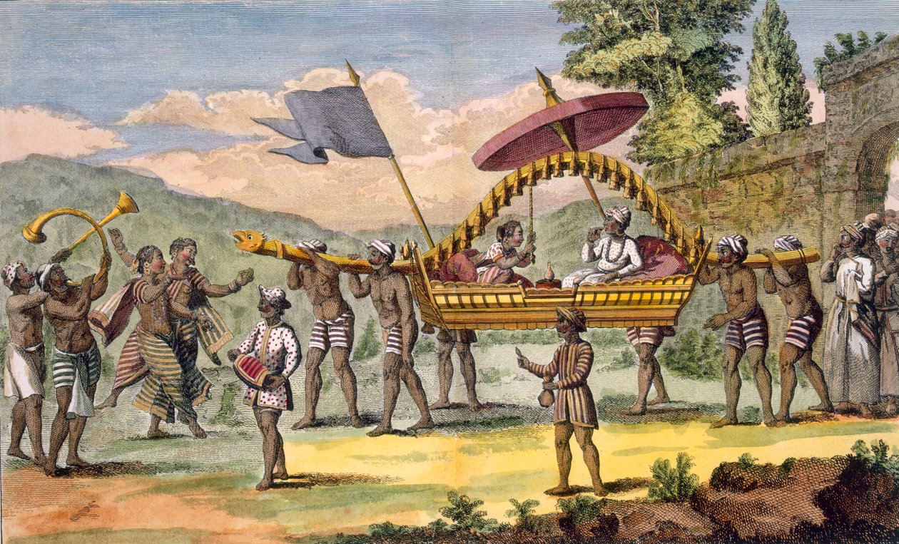 Nygifte par blir tatt med på en promenade i en palanquin med musikere akkompagnert, illustrasjon fra 