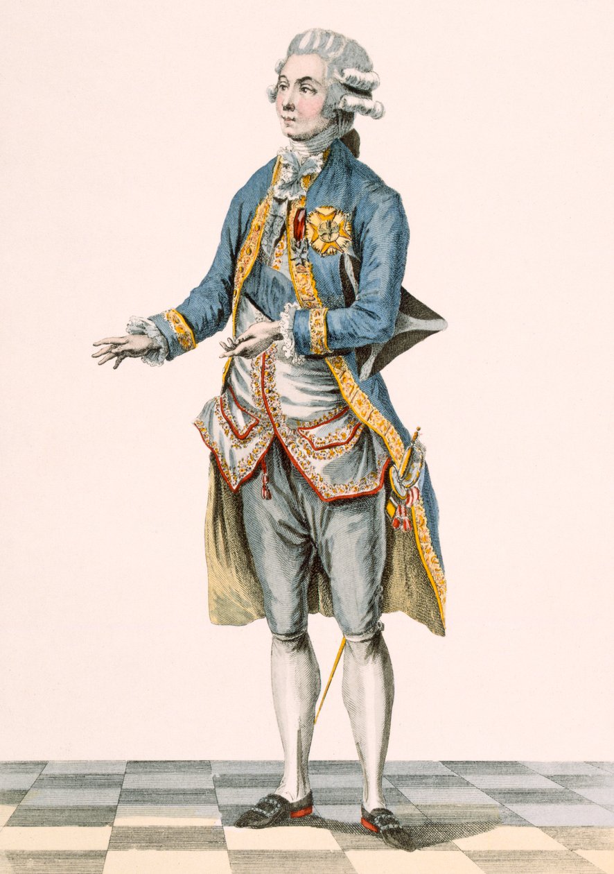 Hertugen i sin seremonielle antrekk avbildet ved hoffet, gravert av Dupin, plate fra 'Galeries des Modes et Costumes Francais', ca. 1778-87 av Pierre Thomas Le Clerc