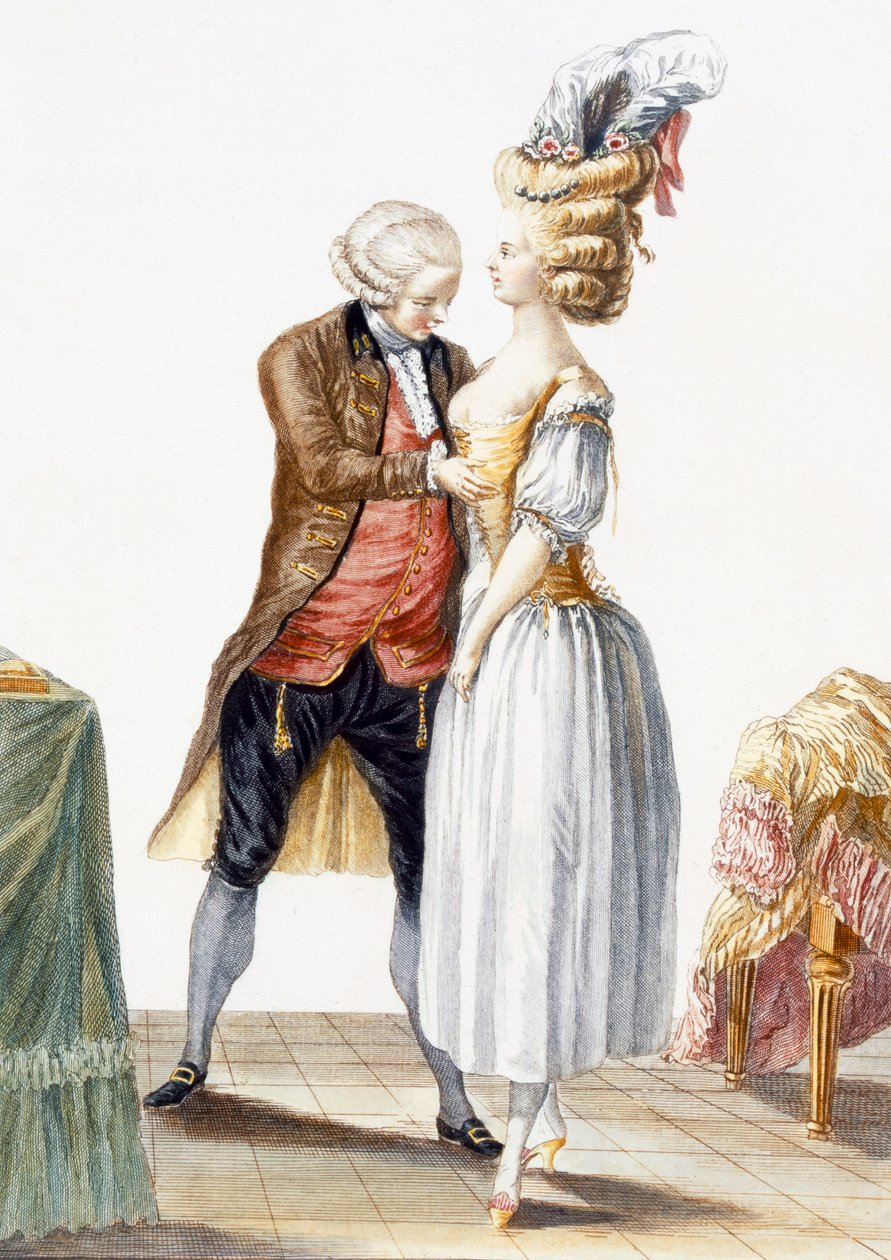 Elegant dame ved en tilpasning med skredderen sin, tallerken fra 