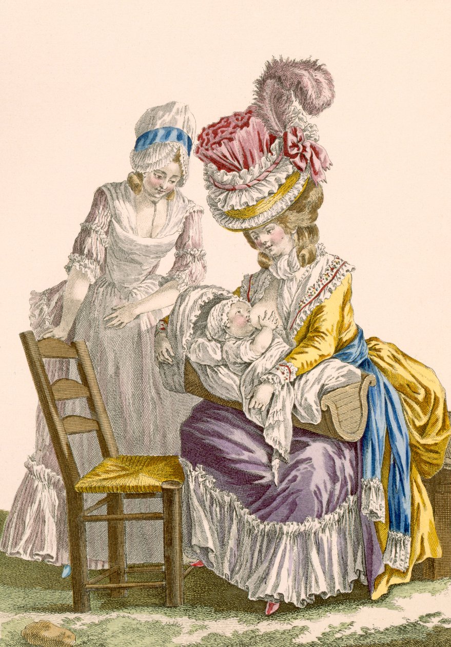 Elegant dame som ammer barnet sitt sett av hushjelpen, gravert av Patas, plate nr.142 fra 