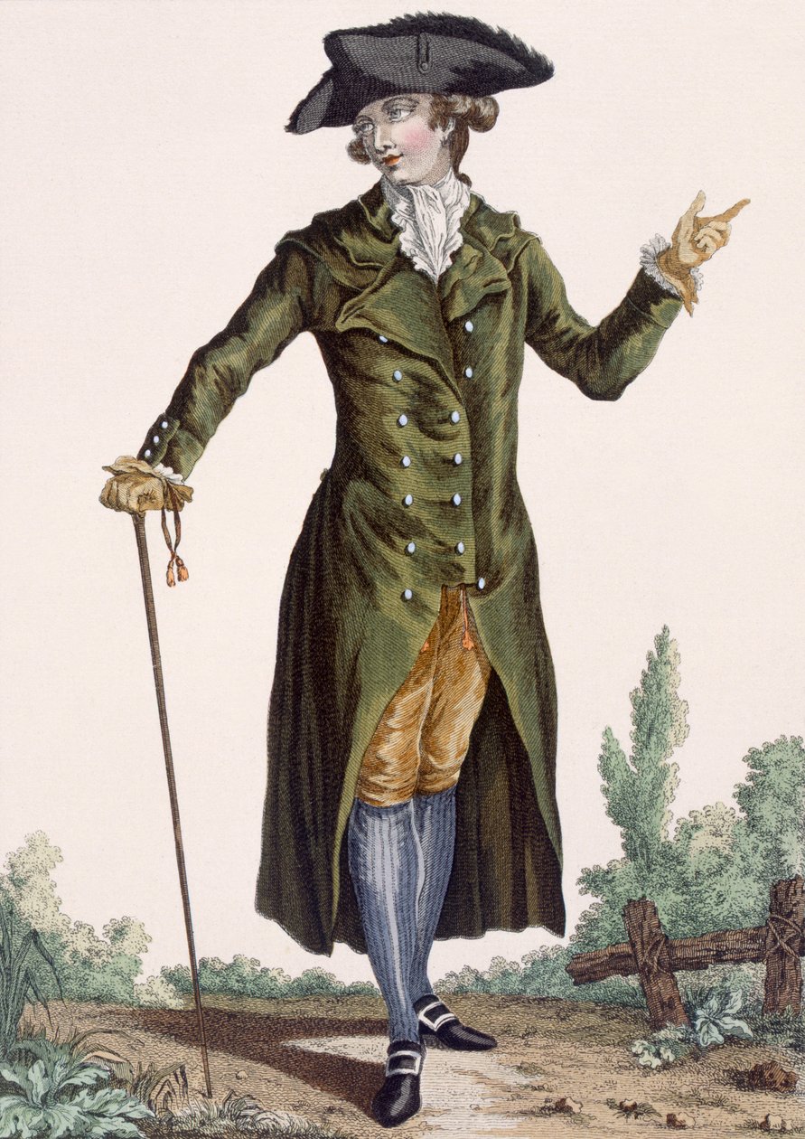 Gentleman i grønn frakk, tallerken fra 'Galeries des Modes et Costumes Francais', ca. 1778-87 av Pierre Thomas Le Clerc
