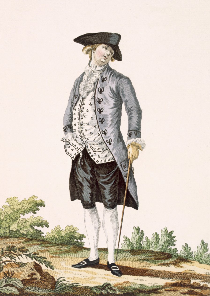 Gentleman i grå gådress, gravert av Voysard, plate nr. 162 fra 