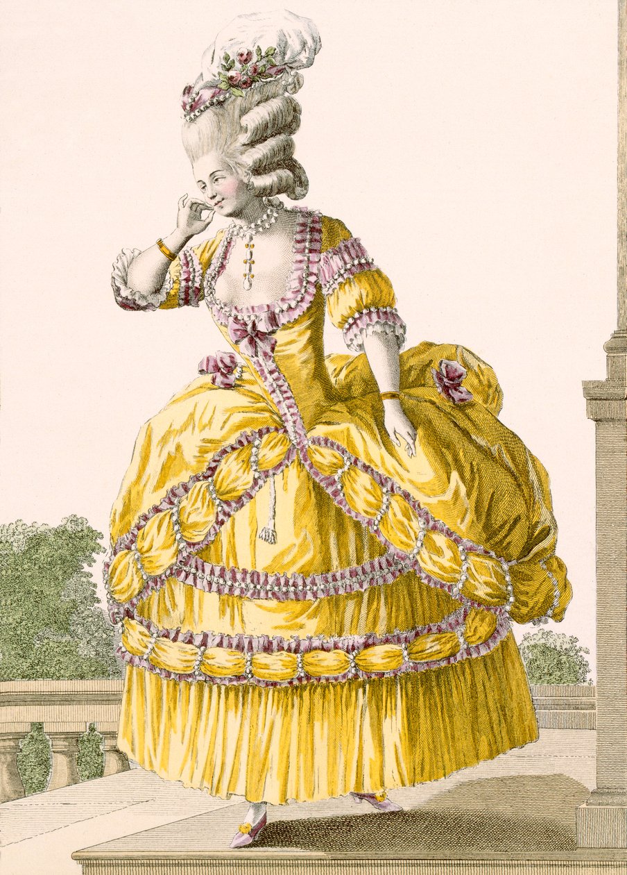 Gylden kjole, gravert av Dupin, plate nr. 37 fra 'Galeries des Modes et Costumes Francais', 1789 av Pierre Thomas Le Clerc