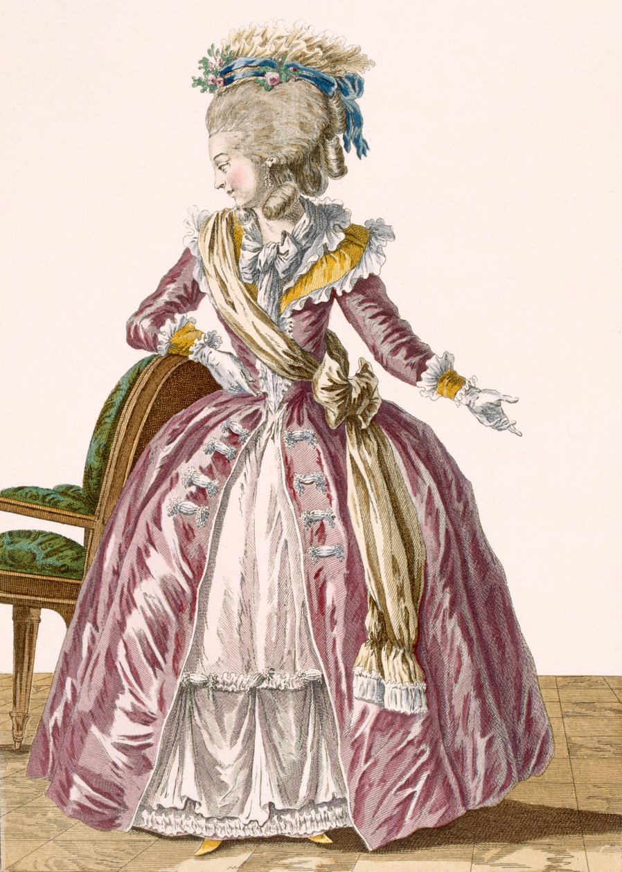 Burgunder kjole for damer med hvitt underskjørt, gravert av Dupin, plate nr. 166 fra 'Galeries des Modes et Costumes Francais', ca. 1778-87 av Pierre Thomas Le Clerc