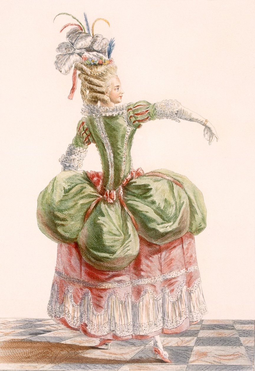 Dameaftenkjole, gravert av Dupin, plate fra 'Galeries des Modes et Costumes Francais', ca. 1778-87 99:clothing; tradisjonell kjole; tradisjonelle kostymer; mote; illustrasjon; av Pierre Thomas Le Clerc