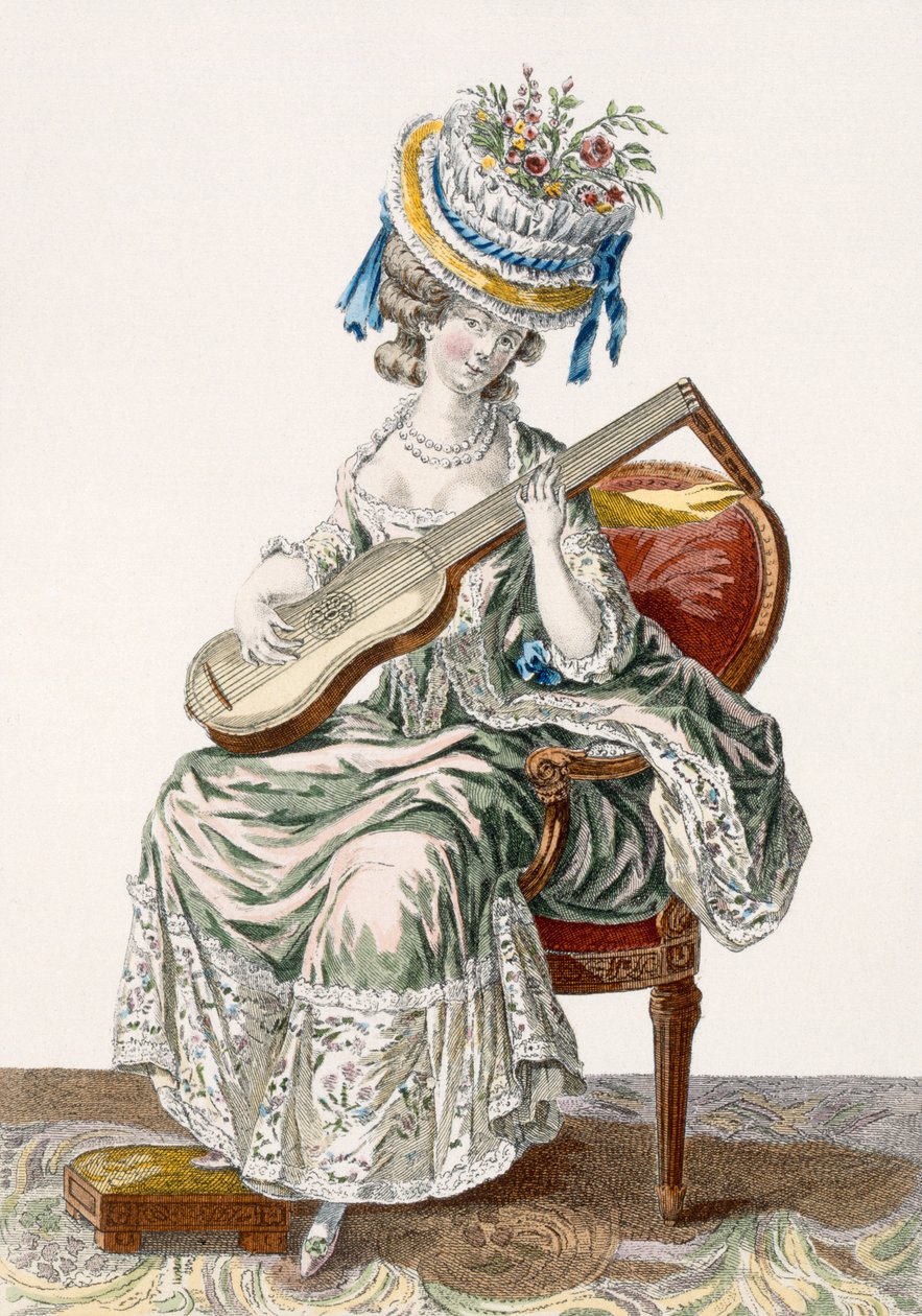 Lady in a Shot Taffeta-kjole trimmet med blonder som spiller gitaren, plate 113 fra 