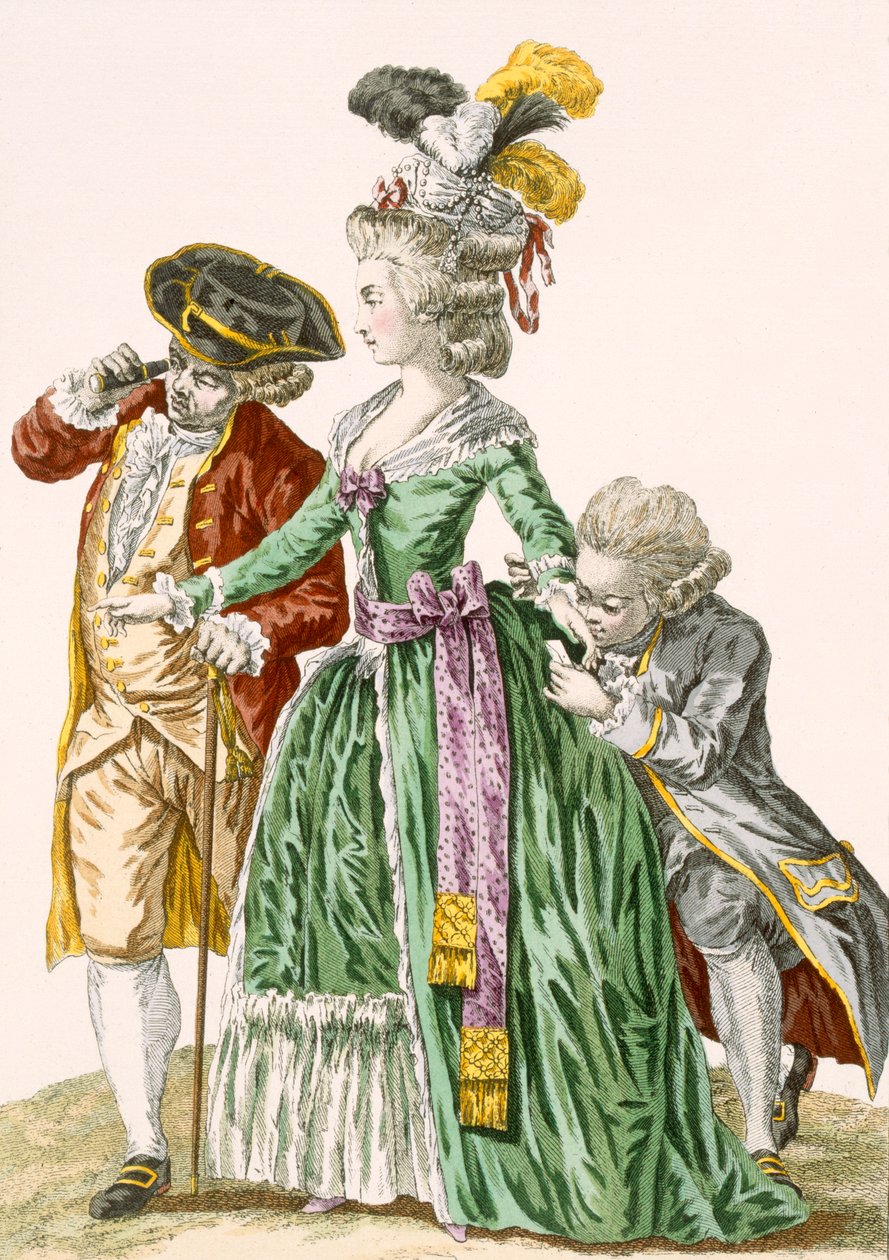 Hoffdame omgitt av mannlige tjenere, gravert av Petisoier, plate nr.124 fra 