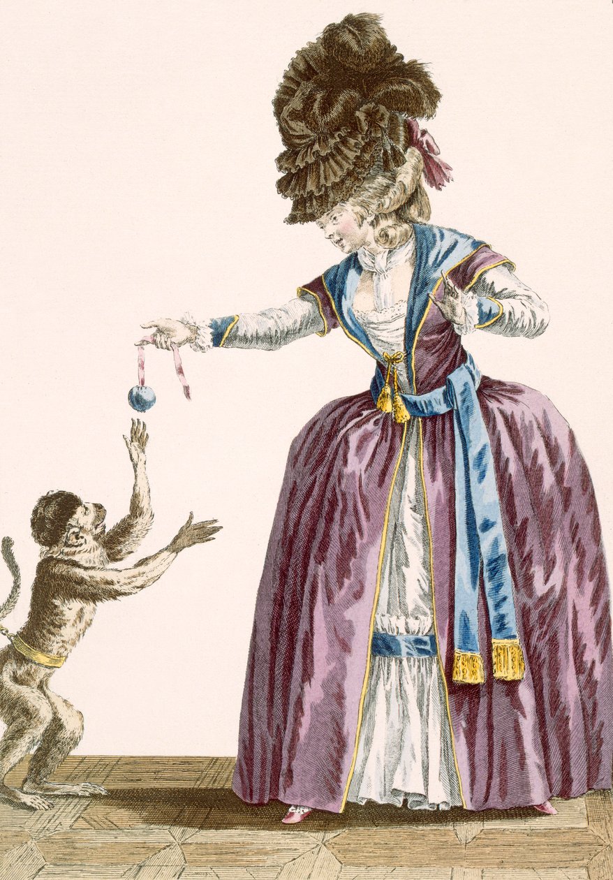 Dame leker med en ape, gravert av Patas, plate nr.119 fra 'Galeries des Modes et Costumes Francais', c.1778-87 99:klær; tradisjonell kjole; tradisjonelle kostymer; mote; Jeg av Pierre Thomas Le Clerc