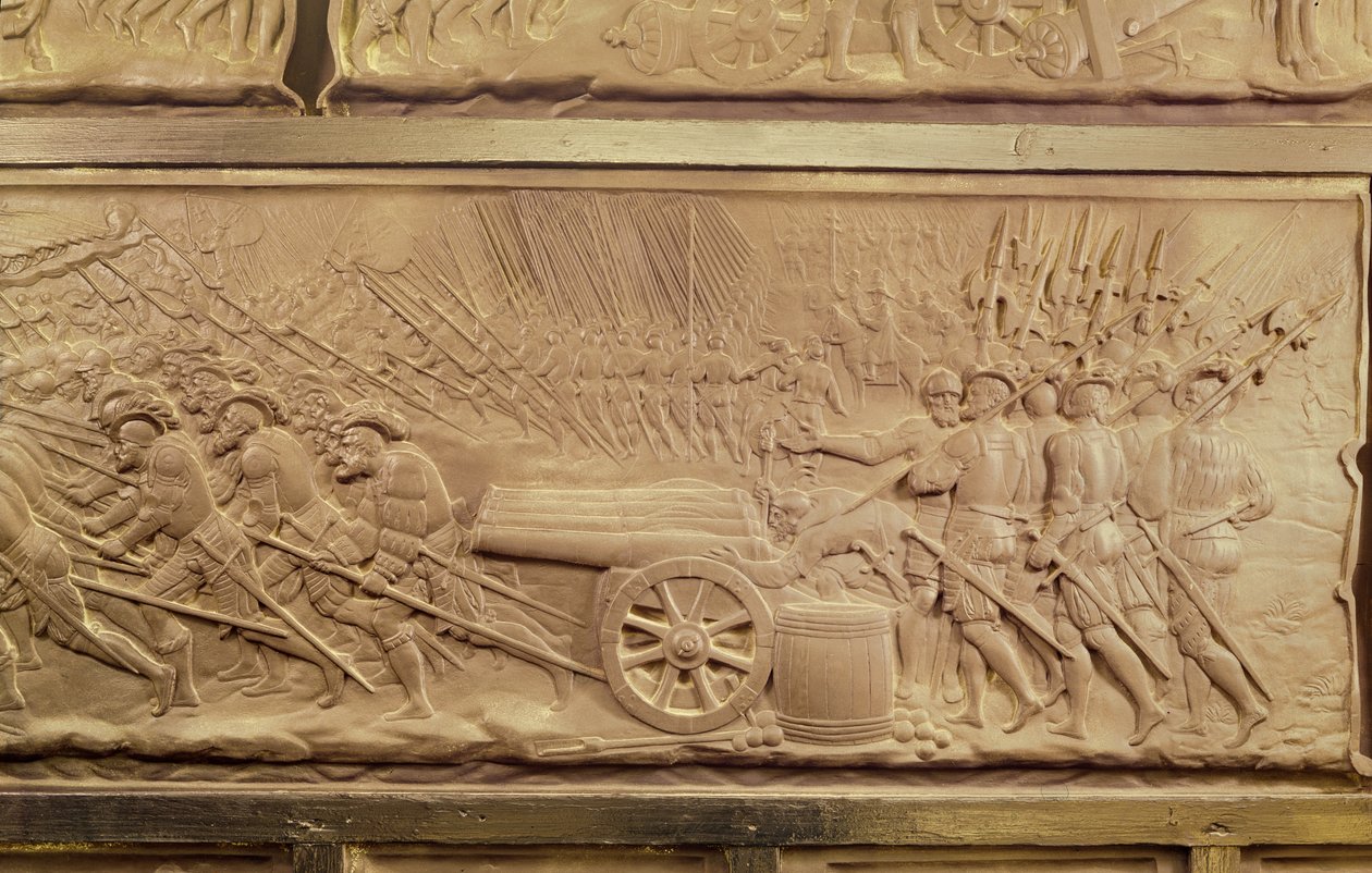 Graven til Frans I og Claude, hertuginne av Bretagne, detalj av kanoner i slaget ved Marignano, marmor fra 1548 av Pierre Bontemps