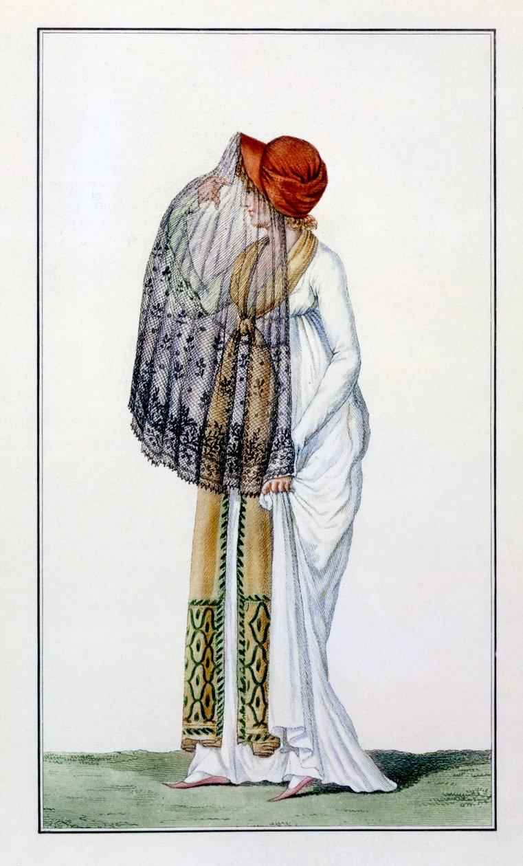 Damedagskjole med slør fra Journal des Dames, 1799 av Pierre de La Mesangere