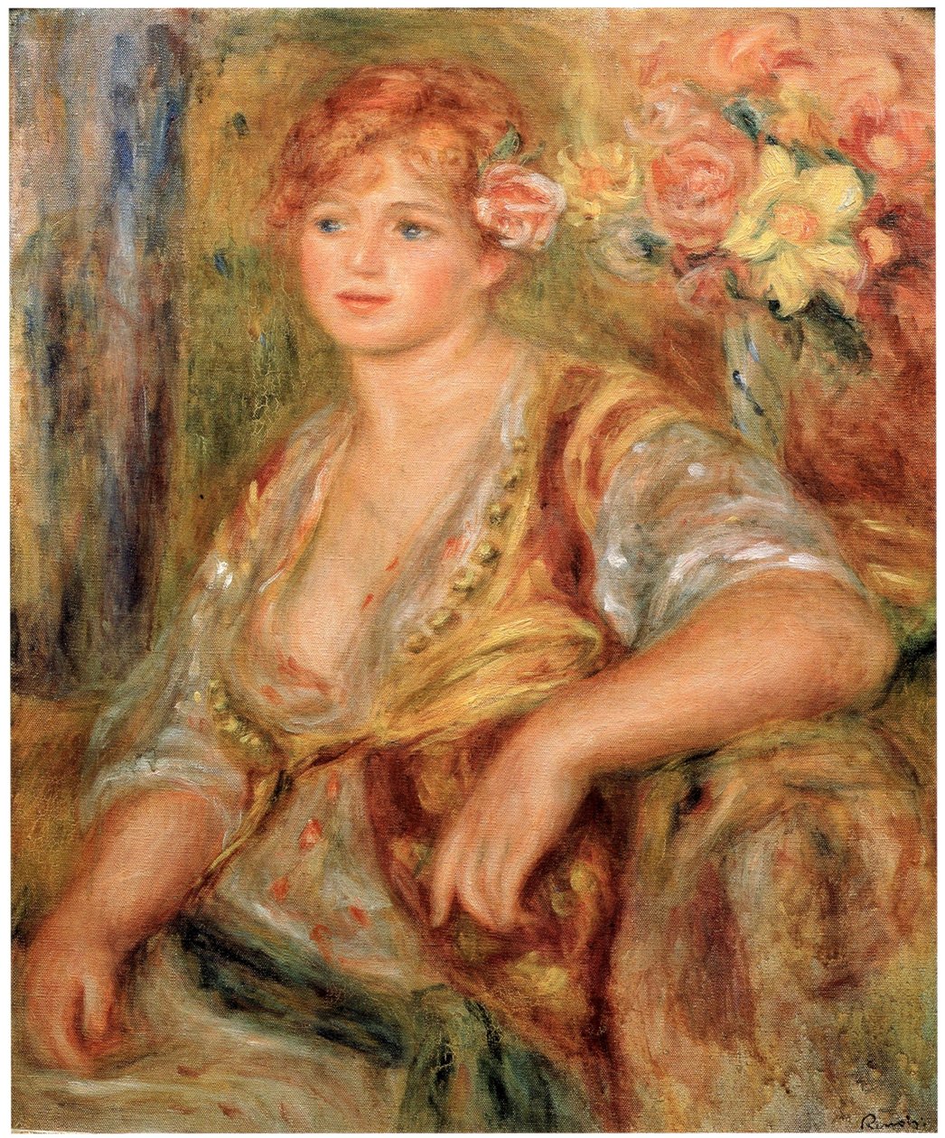Blonde a la rosen English: Blonde Girl with a Rosen av Pierre Auguste Renoir