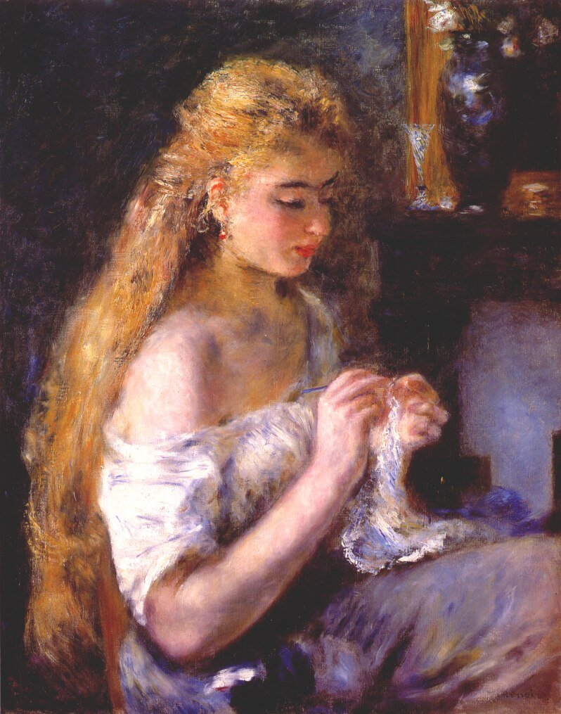 Girl crochetingnEnglish: Girl weaving av Pierre Auguste Renoir