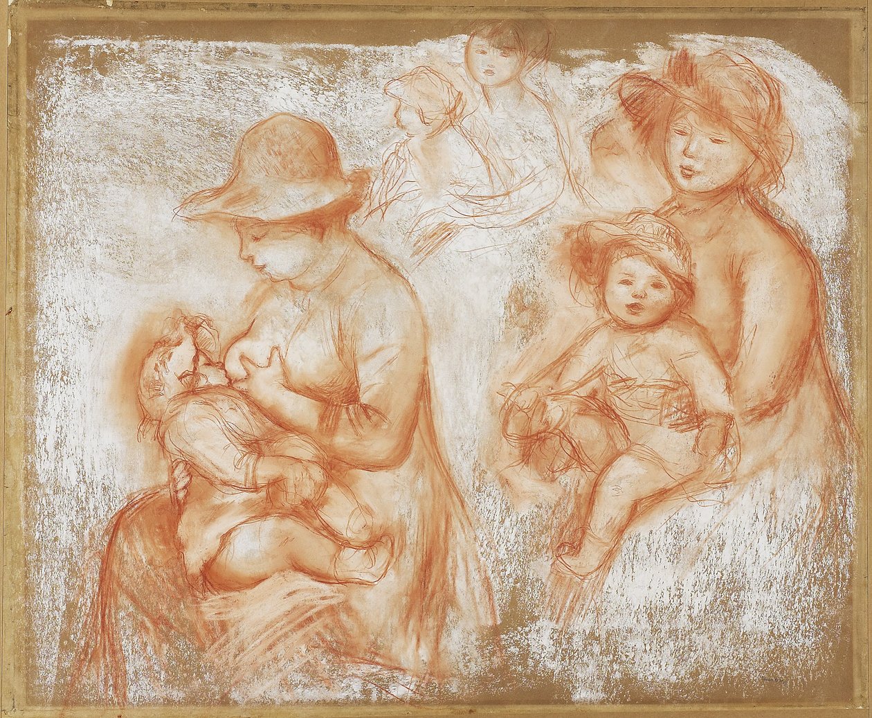 Studies for Mother and Child, ca. 1885 (rødt og hvitt kritt på brunfarget papir) av Pierre Auguste Renoir
