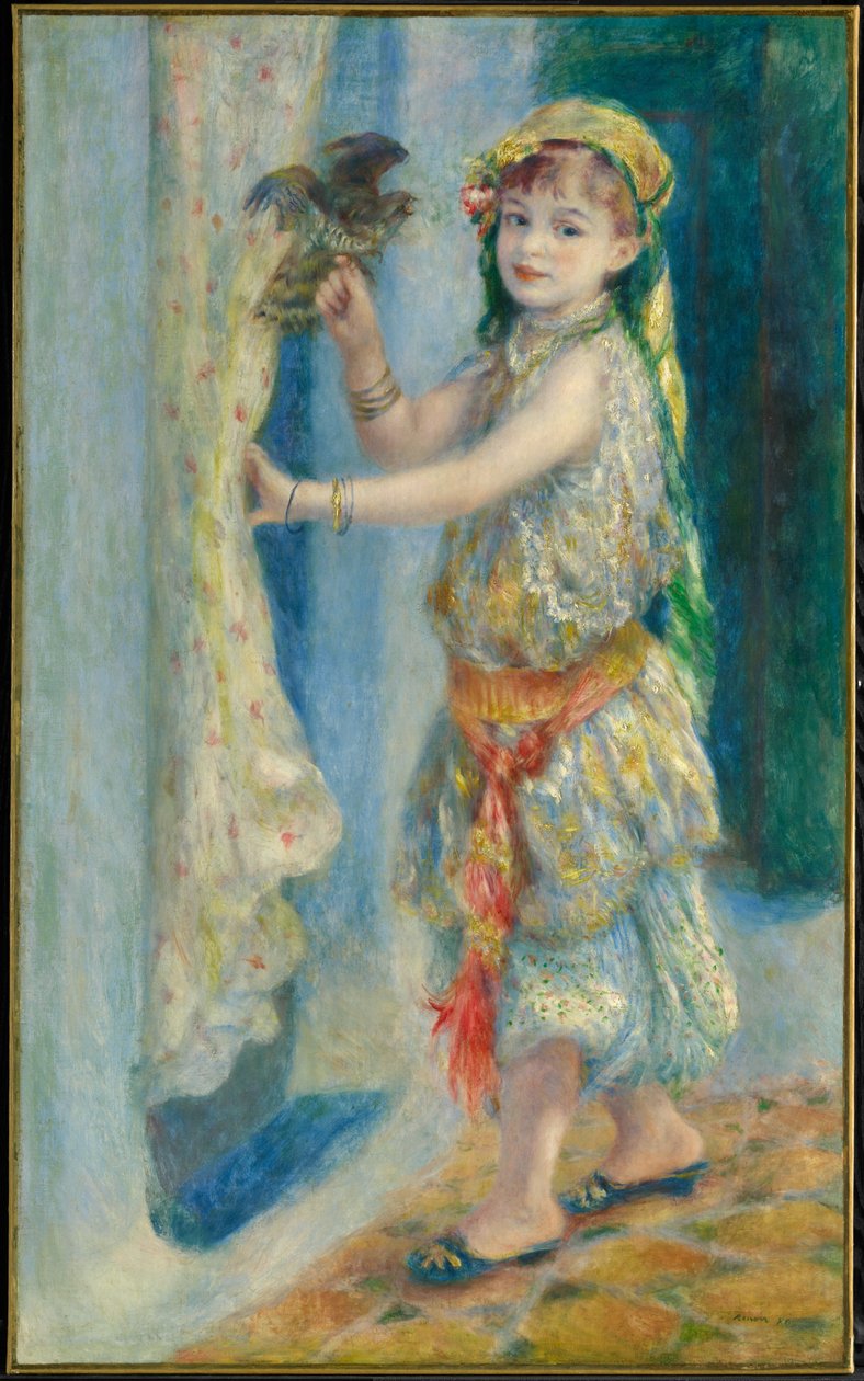 Barn med en fugl (Mademoiselle Fleury i algerisk drakt) av Pierre-Auguste Renoir