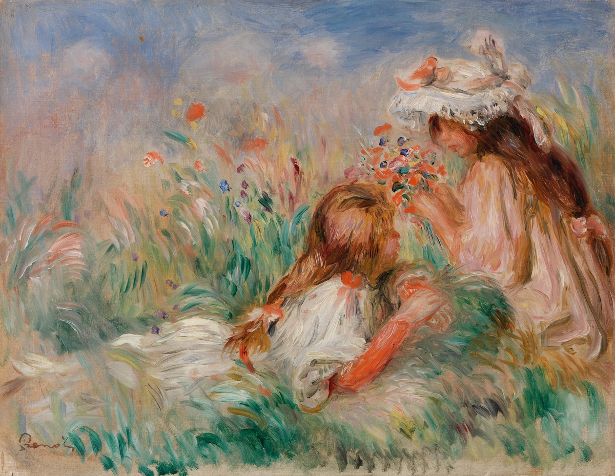 Jenter i gresset ordner en bukett av Pierre-Auguste Renoir