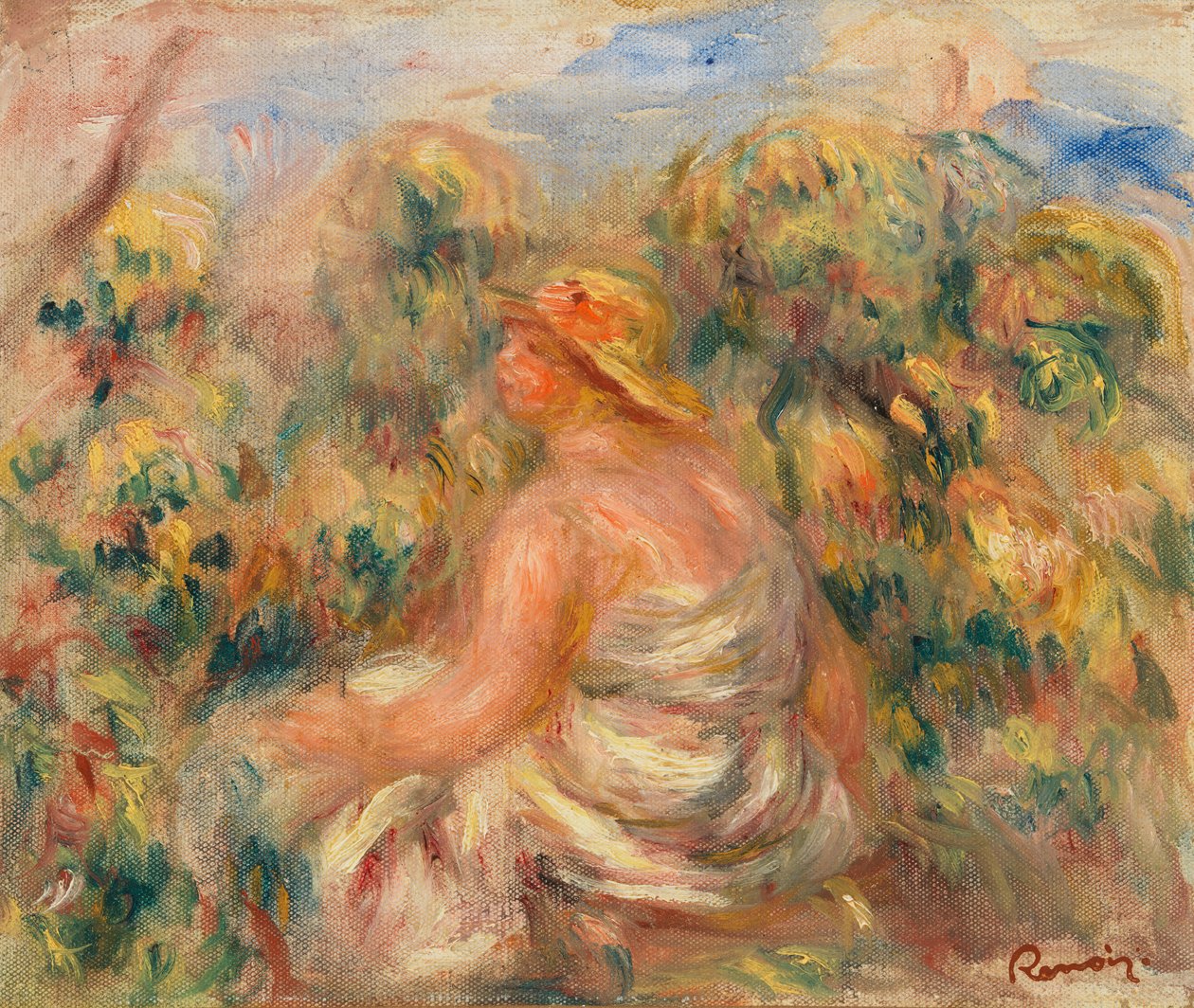 Kvinne med hatt i et landskap av Pierre-Auguste Renoir