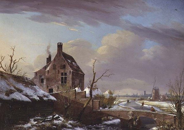 Vinterlandskap med figurer ved en bro av Pierre François De Noter