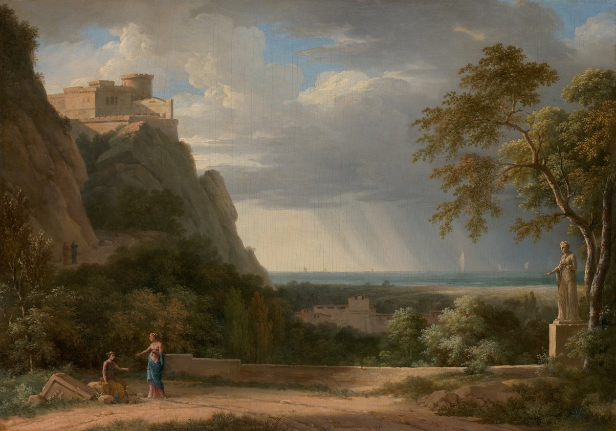 Klassisk landskap med figurer og skulptur av Pierre-Henri de Valenciennes