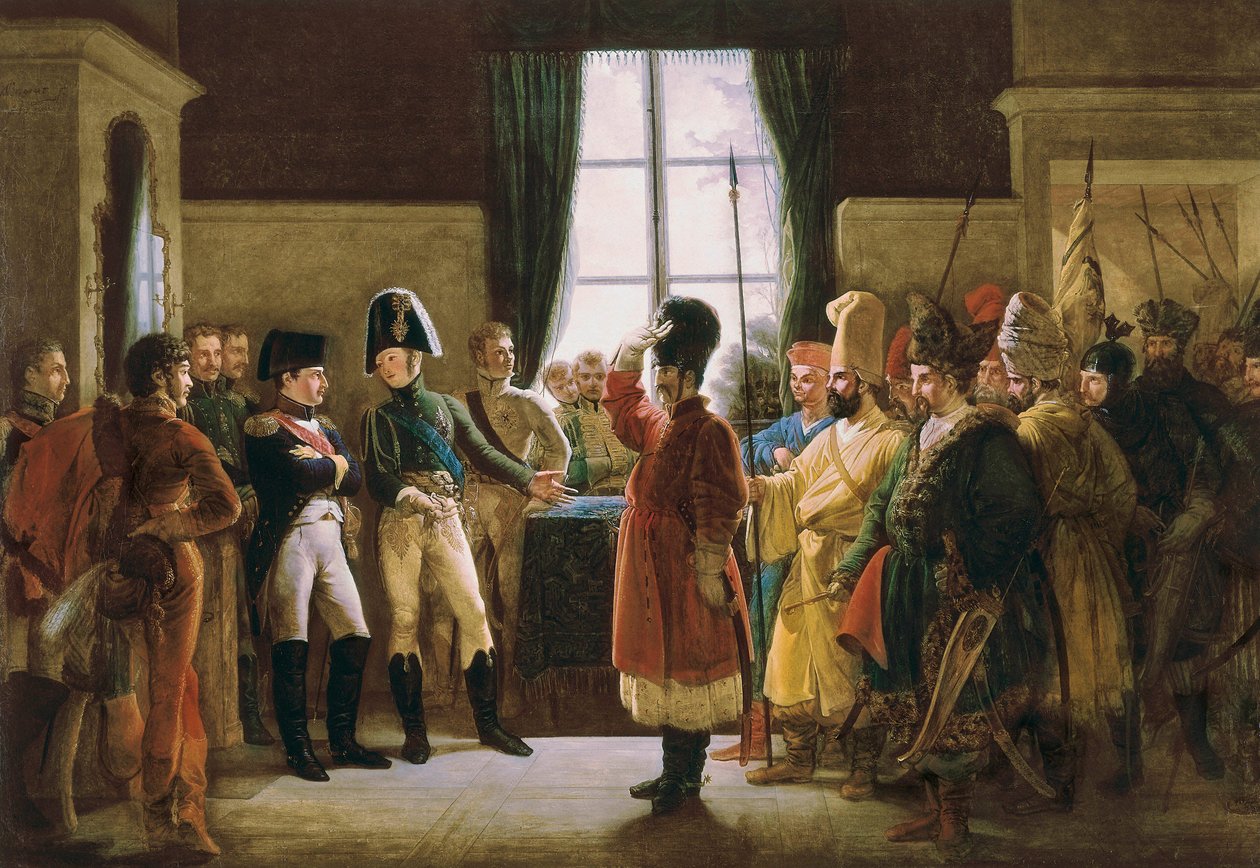 Alexander I presenterte for Napoleon I, kalmykkene, kosakkene og baskirene fra den russiske hæren 9. juli av Pierre Nolasque Bergeret