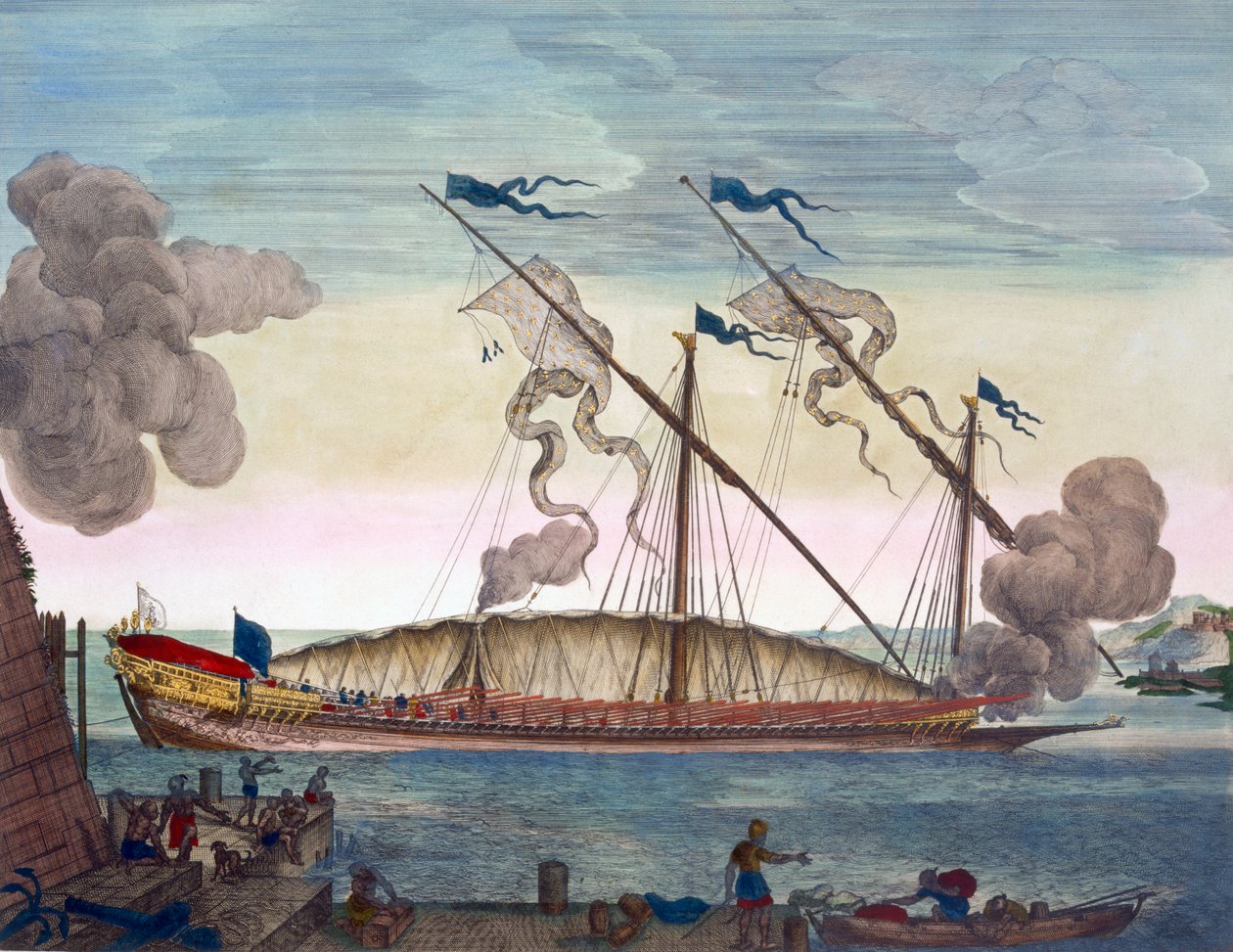 En kongelig bysse (spansk eller portugisisk) rodd av slaver, avfyrt et signal, fra 