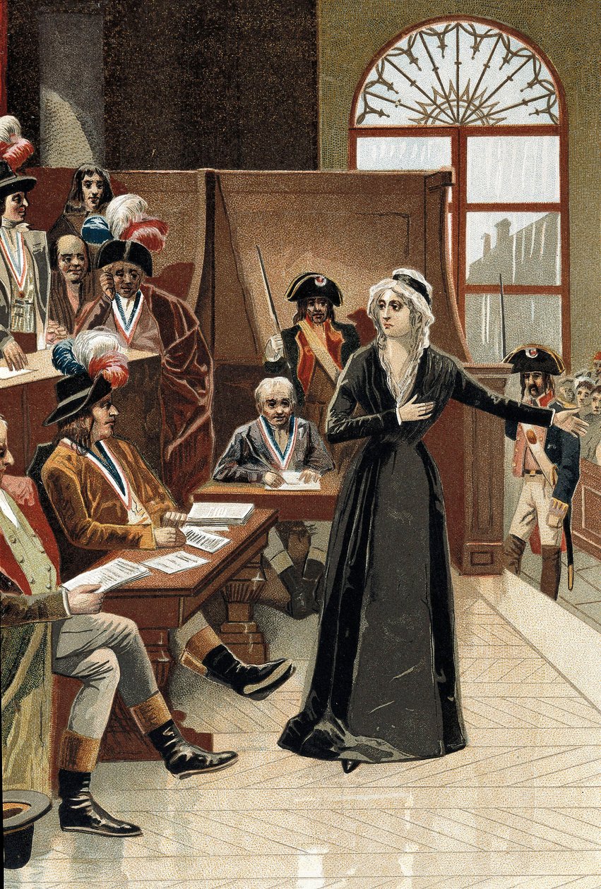 Den franske revolusjonen: dronningen av Frankrike Marie Antoinette foran dommeren under rettssaken hennes 14. oktober 1793 (tegning), av Pierre (after) Bouillon
