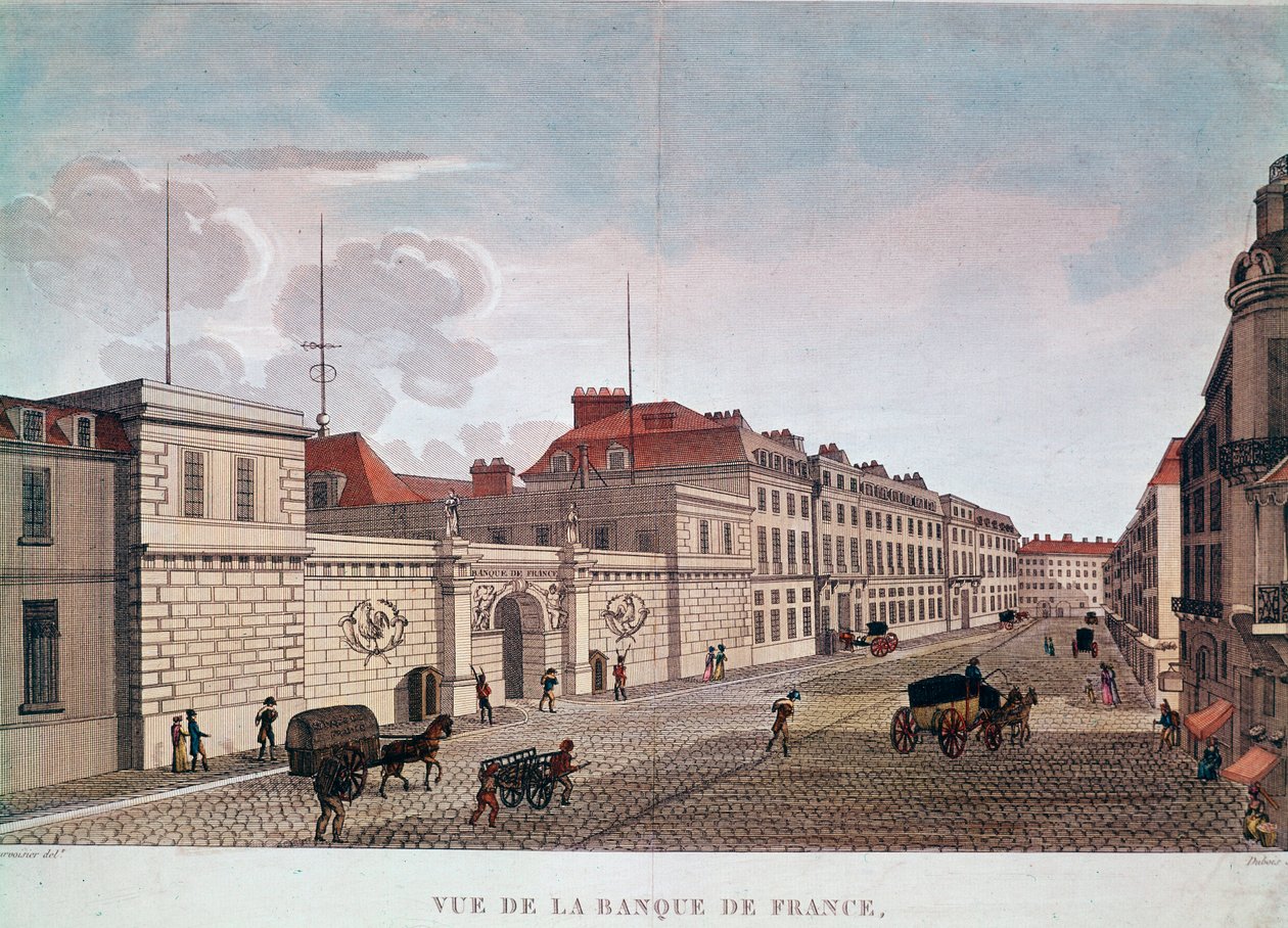 Bank of France fra Rue Croix-Petits-Champs i Paris (gravering av Pierre (after) Courvoisier