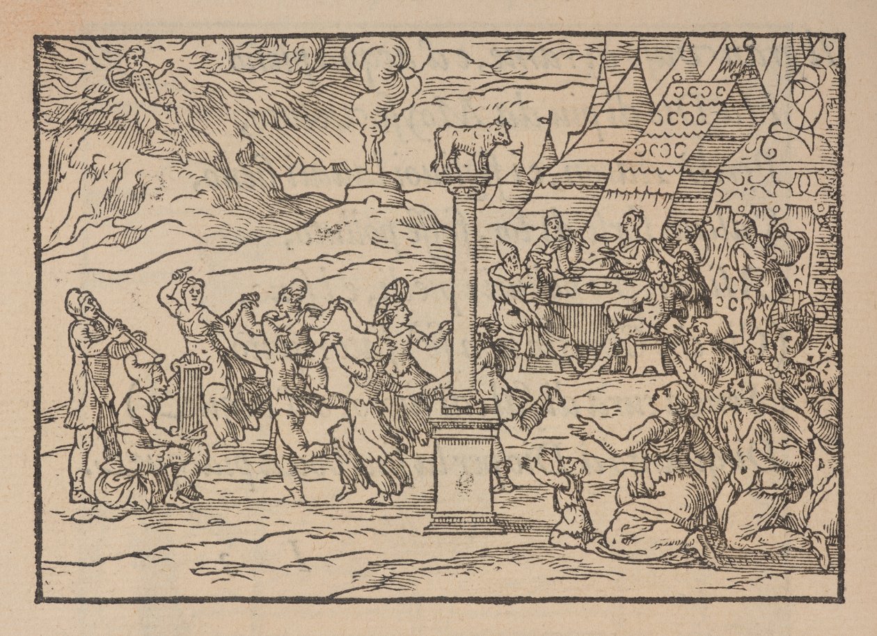 Tilbedelse av den gyldne kalv, fra Figure de la Biblia, illustrer toscanas stanze, av Gabriele Simeoni av Pierre (attr. to) Eskrich