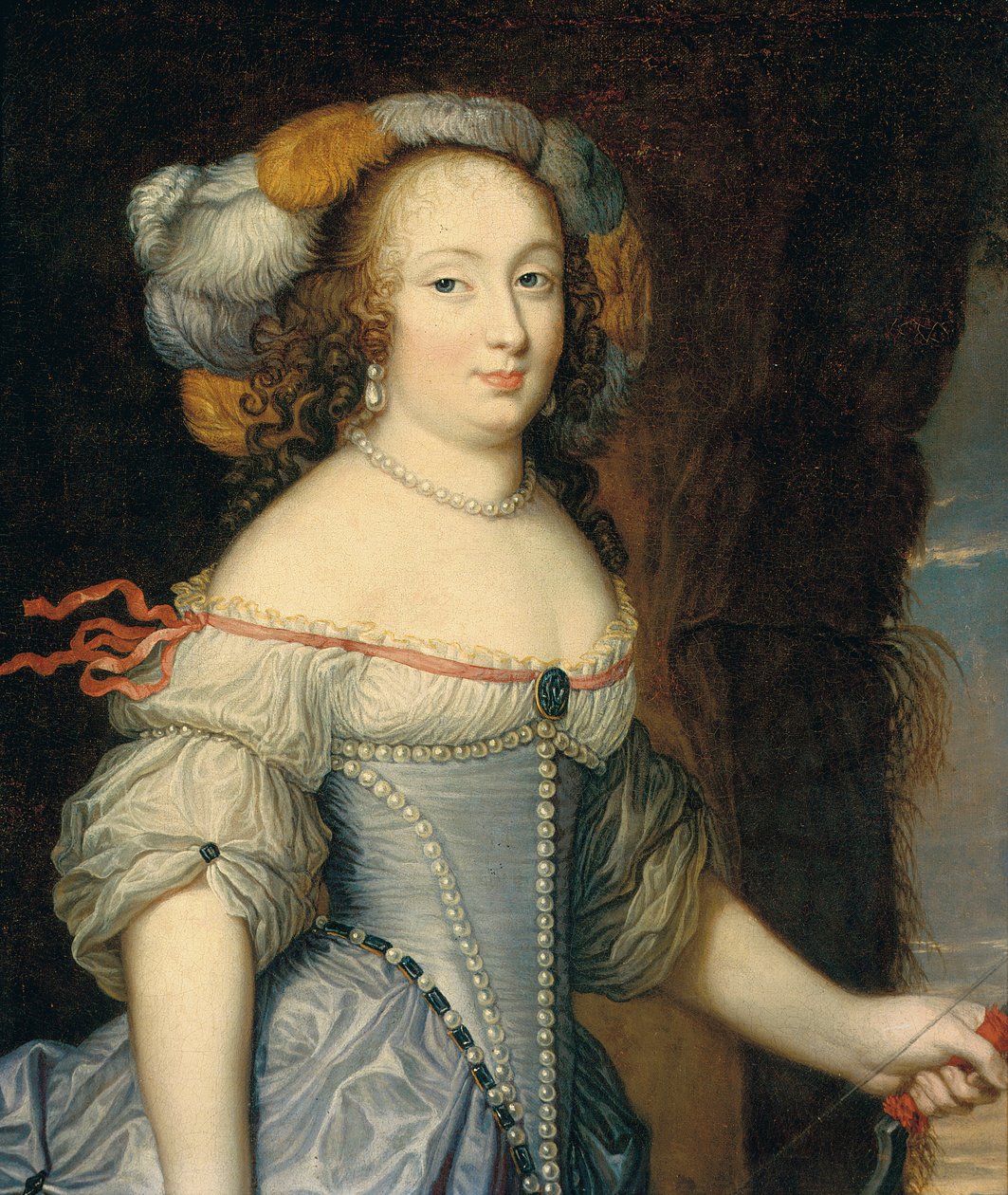 Portrett av Françoise Anthénais de Rochechouart de Mortemart, marquise de Montespan (1640-1707), halvlang, som Diana, iført en fjærkledd hodeplagg og holder en sløyfe i venstre hånd (olje på lerret) av Pierre (circle of) Mignard