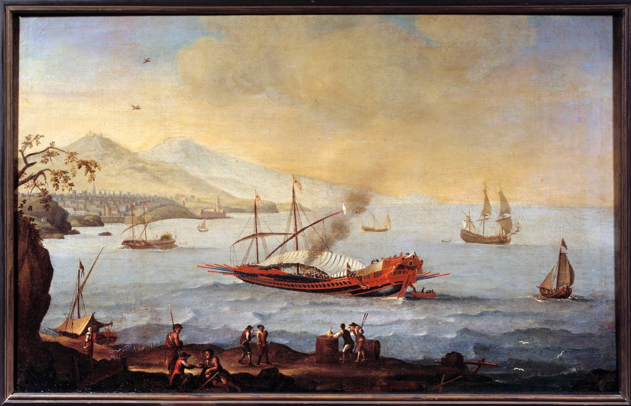 En galerie i havnen i Marseille Maleri av Ecole de Pierre Puget (1620-1694) av Pierre (school of) Puget
