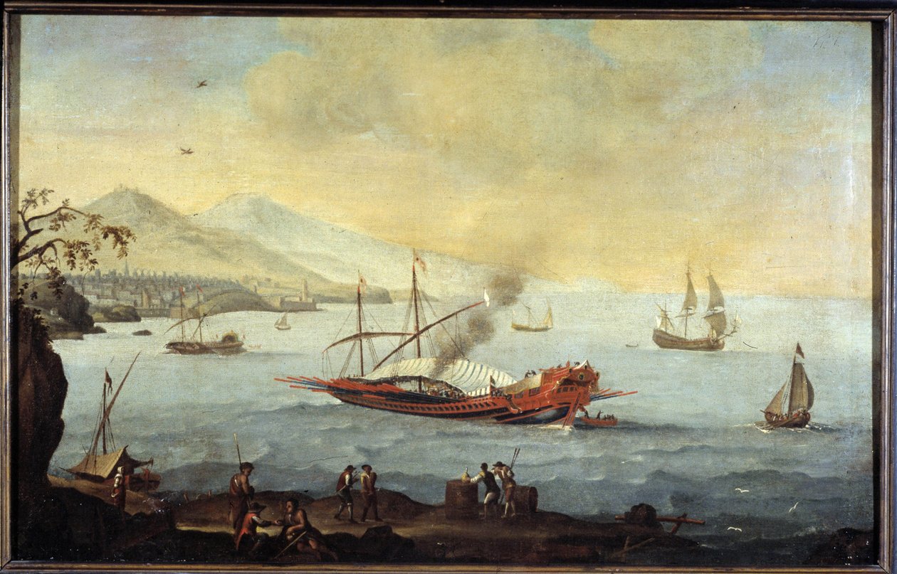 En bysse i havnen i Marseille av Pierre (school of) Puget