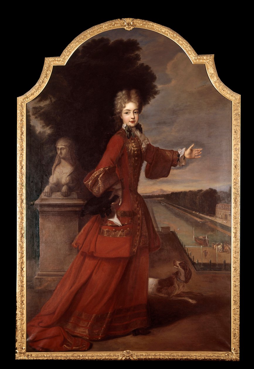 Portrait en pied av Marie Adelaide de Savoie, hertuginne av Burgund på slottet Fontainebleau (1685-1712) Dauphine de France. Maleri av verkstedet til Pierre Gobert (1662-1744) av Pierre (studio of) Gobert