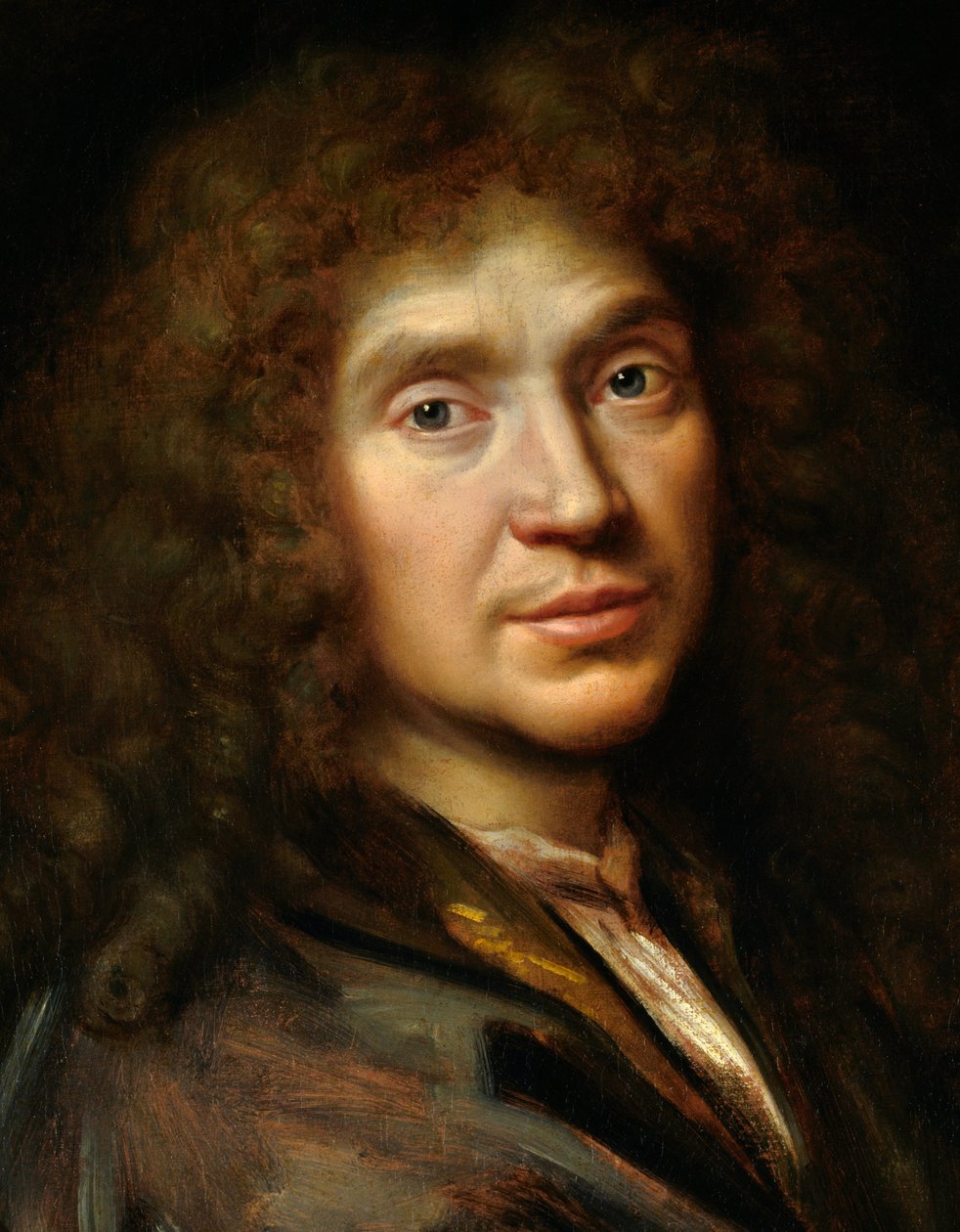 Detalj av "" Portrait of Moliere"" (1622-1673) Jean Baptiste Poquelin - Olje på lerret - Maleri fra skolen til Pierre Mignard (1612-1695) - Chantilly, Musee Conde av Pierre (studio of) Mignard