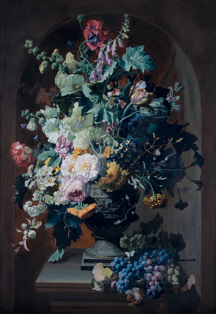 Vase med blomster med mimoser og vase med blomster med drueklase (par) av Pierre Adrien Chabal Dussurgey