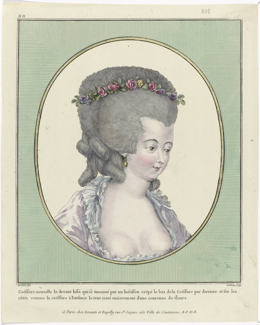 Frisyrer, puffer, hatter og panser: Elleve frisyrer og hodeplagg Gallery of French Fashions and Costumes, 1781, oo 218: New Coëffure foran (...) av Pierre Adrien Le Beau
