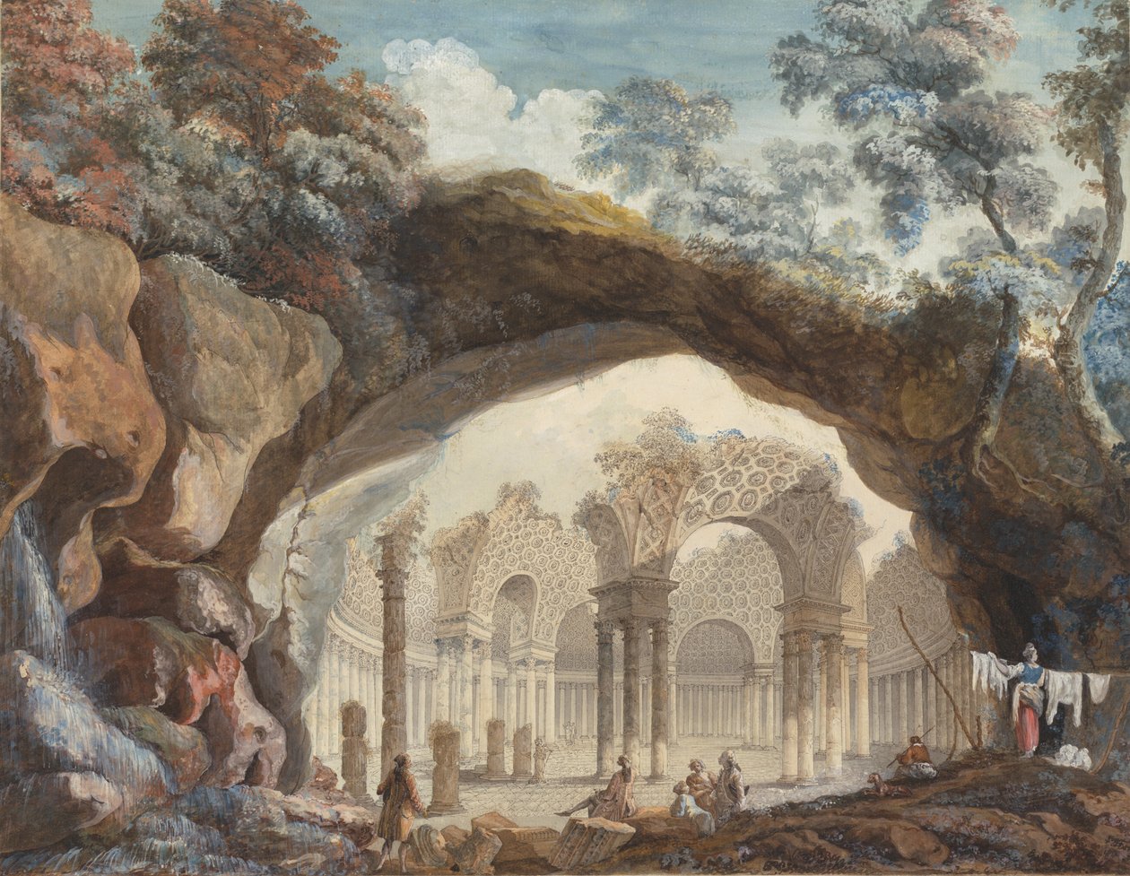 Architectural Fantasy: Ruinene av et sirkulært tempel sett gjennom en naturlig bue av Pierre Adrien Paris